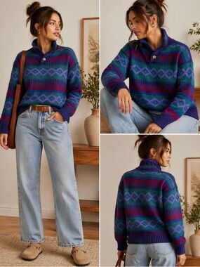 Vintage Wool Fair Isle Knit Sweater Nordic Multicolor Cozy Oversized